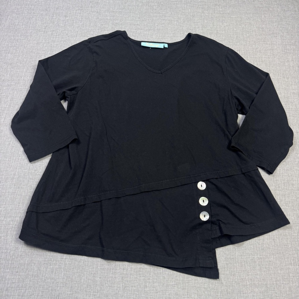 Anthony's Resort Wear Tunic T-Shirt Womens M Black V-Neck 3/4 Sleeve Buttons
